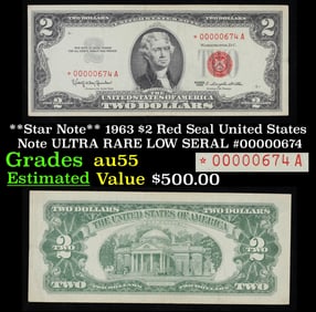 **Star Note** 1963 $2 Red Seal United States Note ULTRA RARE LOW SERAL #00000674 Grades Choice AU