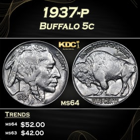 1937-p Buffalo Nickel 5c Grades ms64