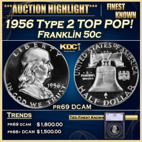 1956 Type 2 Proof Franklin Half Dollar TOP POP! 50c pr69 DCAM SEGS