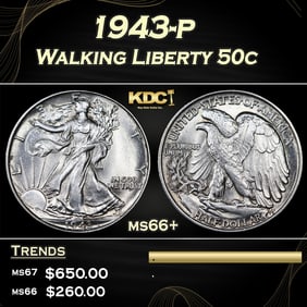 1943-p Walking Liberty Half Dollar 50c Grades ms66+