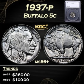 1937-p Buffalo Nickel 5c ms66+ SEGS