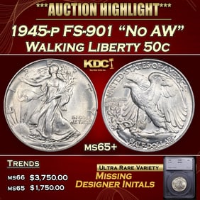 1945-p Walking Liberty Half Dollar FS-901 "No AW" 50c ms65+ SEGS