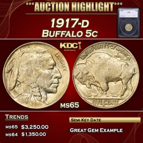 1917-d Buffalo Nickel 5c ms65 SEGS