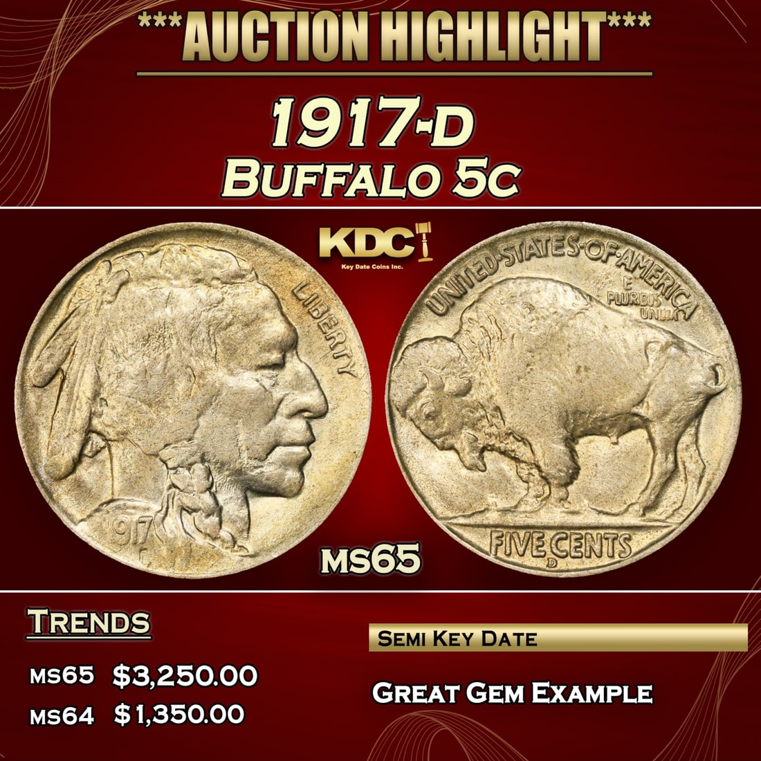 1917-d Buffalo Nickel 5c ms65 SEGS (1 of 5)