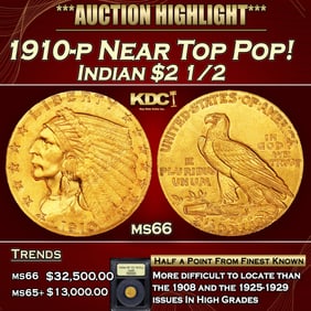 1910-p Gold Indian Quarter Eagle Near Top Pop! $2 1/2 ms66 USCG