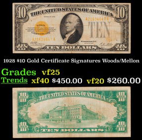 1928 $10 Gold Certificate Signatures Woods/Mellon Grades vf+