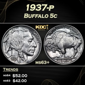 1937-p Buffalo Nickel 5c Grades ms63+