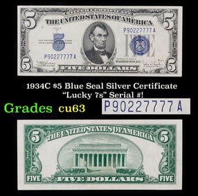 1934C $5 Blue Seal Silver Certificate "Lucky 7s" Serial #! Grades Select CU