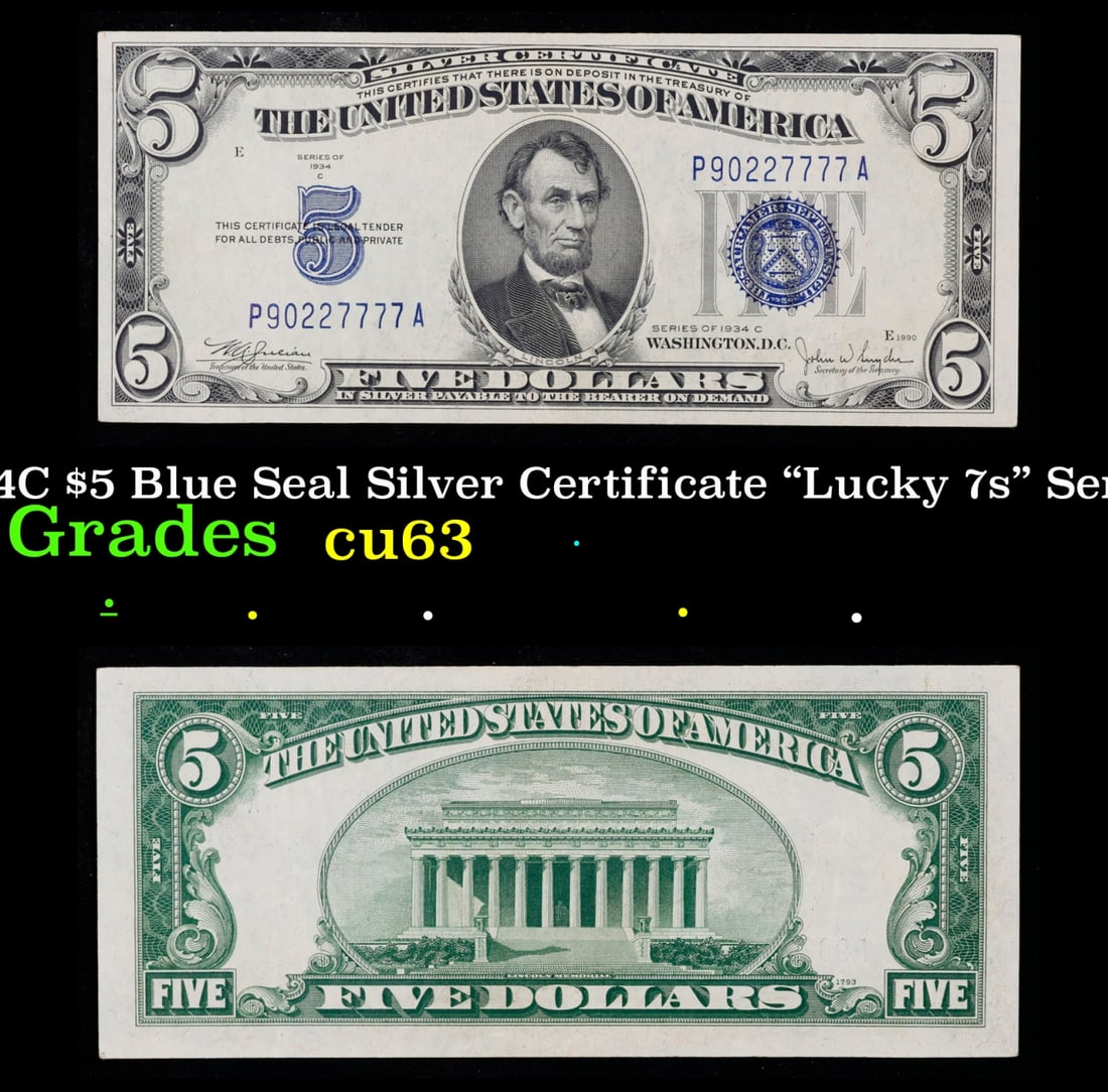 1934C $5 Blue Seal Silver Certificate "Lucky 7s" Serial #! Grades Select CU (1 of 3)