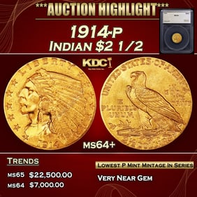 1914-p Gold Indian Quarter Eagle $2 1/2 ms64+ SEGS