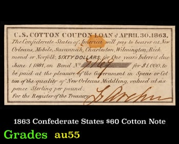 1863 Confederate States $60 Cotton Note Grades Choice AU