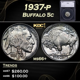 1937-p Buffalo Nickel 5c ms66+ SEGS