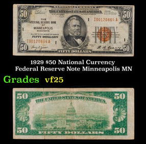 1929 $50 National Currency Federal Reserve Bank of Minneapolis MN Grades vf+