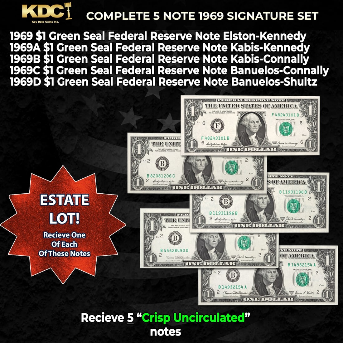 Complete 1969 $1 Green Seal Federal Reserve Note Signature Set 1969, 1969A, 1969B, 1969C, 1969D (1 of 1)