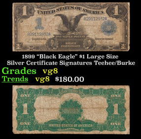 1899 $1 large size Silver Certificate "Black Eagle" Grades vg, very good Signatures Teehee/Burke