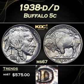 1938-d/d Buffalo Nickel 5c ms67 SEGS
