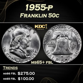 1955-p Franklin Half Dollar 50c Grades ms65+ fbl