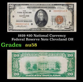 1929 $20 Green Seal Federal Reserve Note Grades Choice AU/BU Slider Cleveland