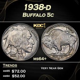 1938-d Buffalo Nickel 5c Grades ms64+