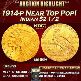 1914-p Gold Indian Quarter Eagle Near Top Pop! $2 1/2 ms66+ USCG