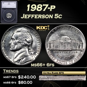 1987-p Jefferson Nickel 5c ms66+ 6fs SEGS