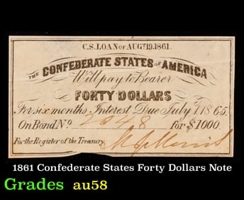 1861 Confederate States Forty Dollars Note Grades Choice AU/BU Slider