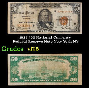 1929 $50 National Currency Federal Reserve Bank of New York NY Grades vf+