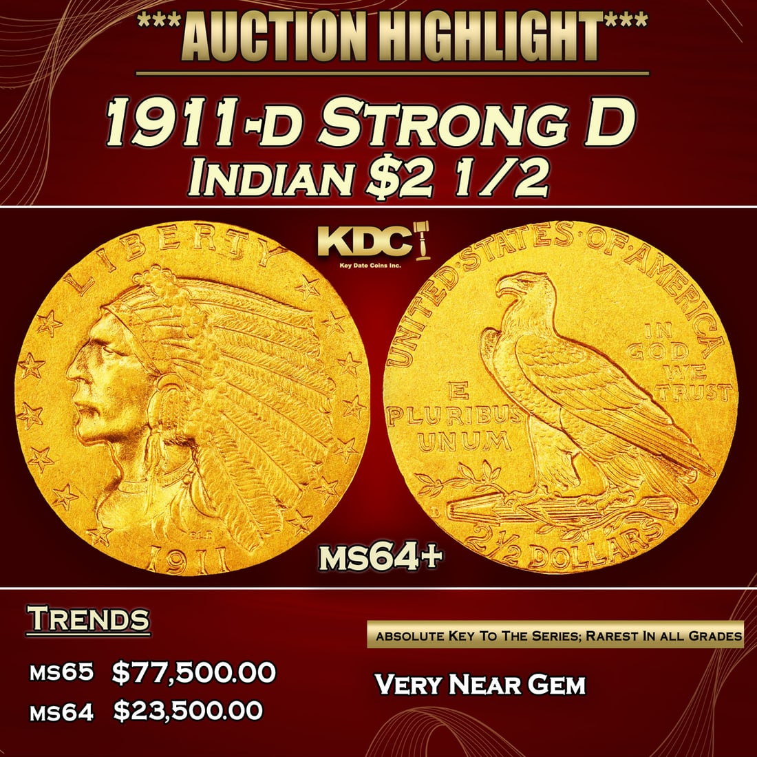 1911-d Strong D Gold Indian Quarter Eagle $2 1/2 ms64+ SEGS (1 of 3)