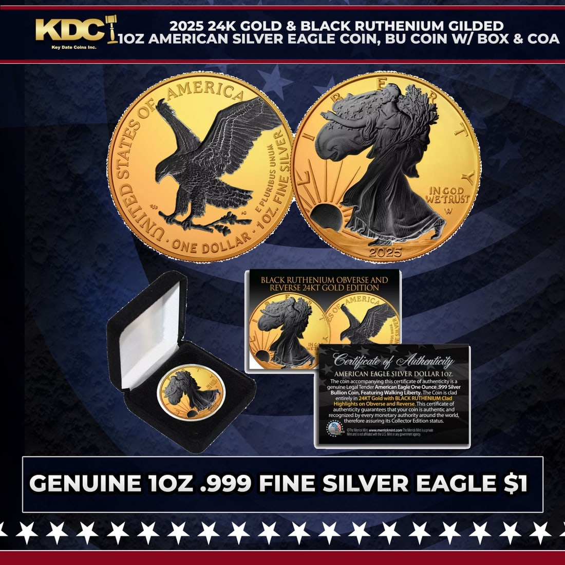 2025 24K Gold & Black Ruthenium Gilded 1oz American Silver Eagle Coin, BU Coin w/ Box & COA Other (1 of 3)