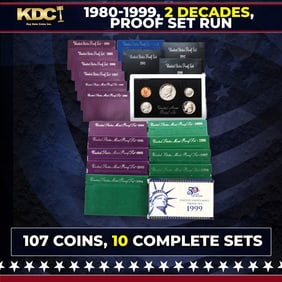 1980-1999 2 Decades Proof Set Run - 107 Coins, 10 Complete Sets