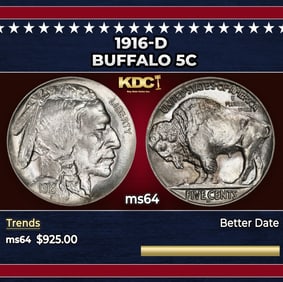1916-d Buffalo Nickel 5c Grades ms64