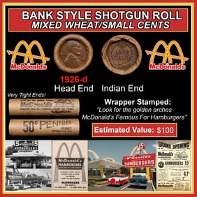 Lincoln Wheat Cent 1c Mixed Roll Orig Brandt McDonalds Wrapper, 1926-d end, Indian other end