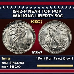 1942-p Walking Liberty Half Dollar Near Top Pop 50c ms67+ SEGS
