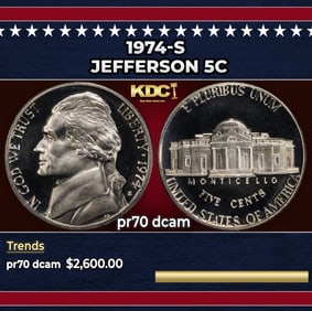 1974-s Proof Jefferson Nickel 5c pr70 dcam SEGS