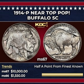 1914-p Buffalo Nickel Near Top Pop! 5c ms67 SEGS