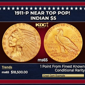 1911-p Gold Indian Half Eagle Near Top Pop! $5 ms65 USCG