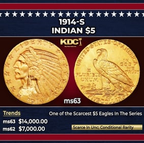 1914-s Gold Indian Half Eagle $5 ms63 USCG