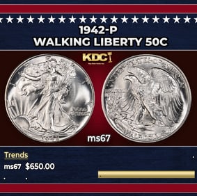 1942-p Walking Liberty Half Dollar 50c ms67 SEGS