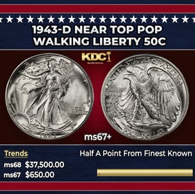 1943-d Walking Liberty Half Dollar Near Top Pop 50c ms67+ SEGS