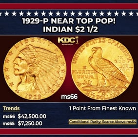 1929-p Gold Indian Quarter Eagle Near Top Pop! $2 1/2 ms66 SEGS