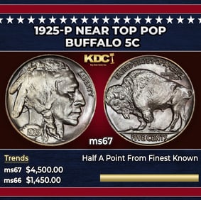 1925-p Buffalo Nickel Near Top Pop 5c ms67 SEGS