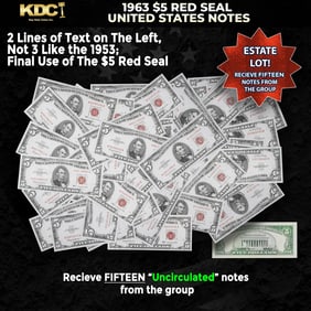 15x 1963 $5 Red Seal United States Note Grades CU