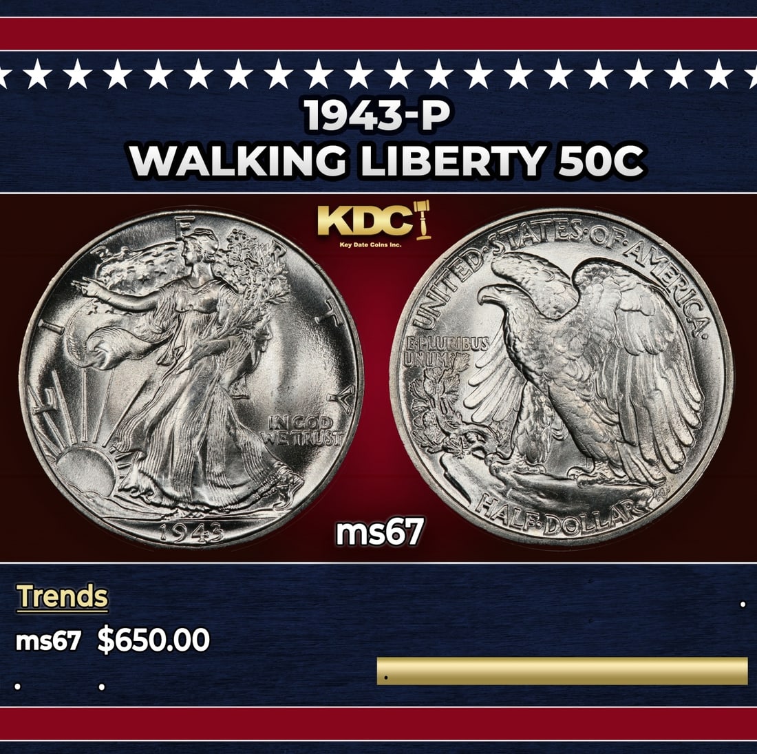 1943-p Walking Liberty Half Dollar 50c ms67 SEGS (1 of 3)