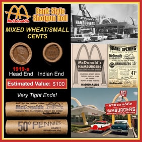 Lincoln Wheat Cent 1c Mixed Roll Orig Brandt McDonalds Wrapper, 1919-s end, Indian other end