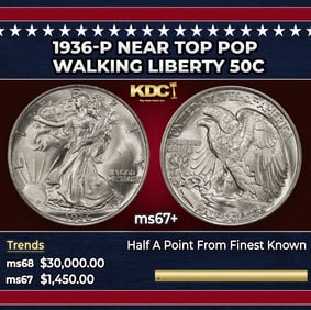 1936-p Walking Liberty Half Dollar Near Top Pop 50c ms67+ SEGS