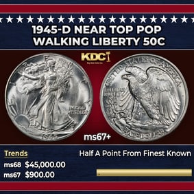 1945-d Walking Liberty Half Dollar Near Top Pop 50c ms67+ SEGS