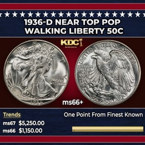 1936-d Walking Liberty Half Dollar Near Top Pop 50c ms66+ SEGS