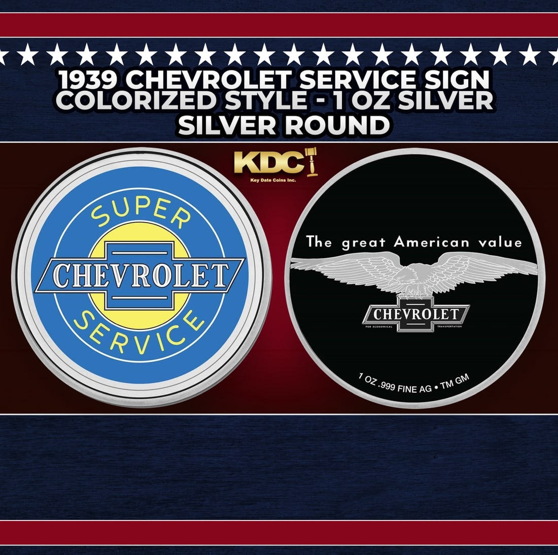 1939 Chevrolet Service Sign Colorized Style - 1 oz Silver Round Round (1 of 3)