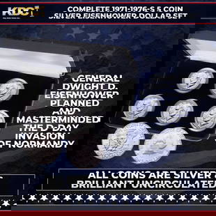 Complete 1971-1976-s 5 Coin Silver Eisenhower Dollar Set Uncirculated: Complete 1971-1976-s 5 Coin Silver Eisenhower Dollar Set Uncirculated. Recall one of America's greatest military leaders with this complete 1971-1976 set of all five silver clad Uncirculated Eisenhowe