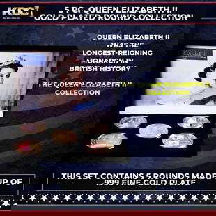 5 Coin Queen Elizabeth II Gold Plated Round Collection A: 5 Coin Queen Elizabeth II Gold Plated Round Collection A. 5 Pc. Queen Elizabeth II Gold Plated Round Collection. This set contains 5 rounds made up of .999 Fine Gold Plate from The Queen Elizabeth II